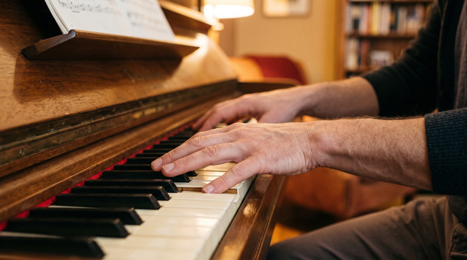 adult hands resting on piano keys at a home keyboard