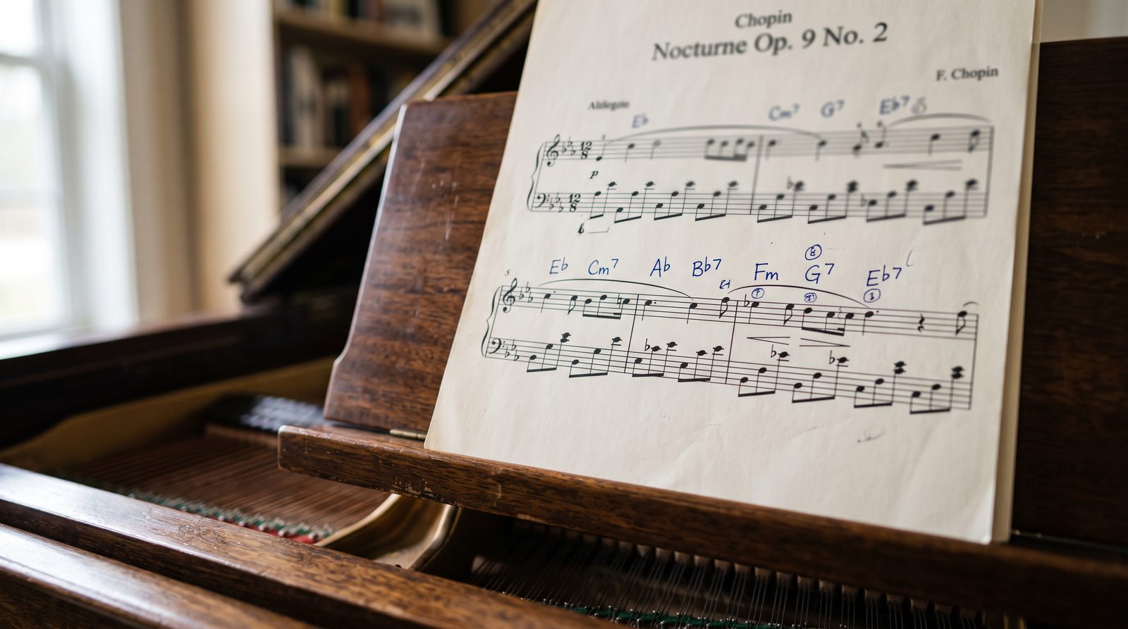 sheet music and a chord chart side by side on a music stand