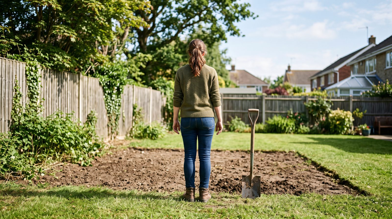 person standing in an empty backyard garden plot holding a notebook, unsure where to begin