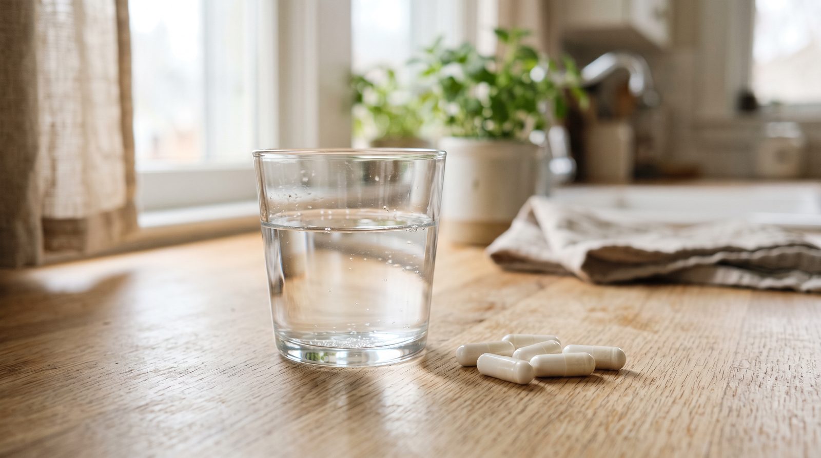 unlabeled supplement capsules and a glass of water on a kitchen counter, neutral product context