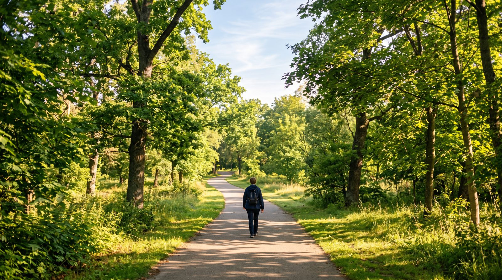 person walking outdoors on a sunny path, calm lifestyle scene representing daily habits