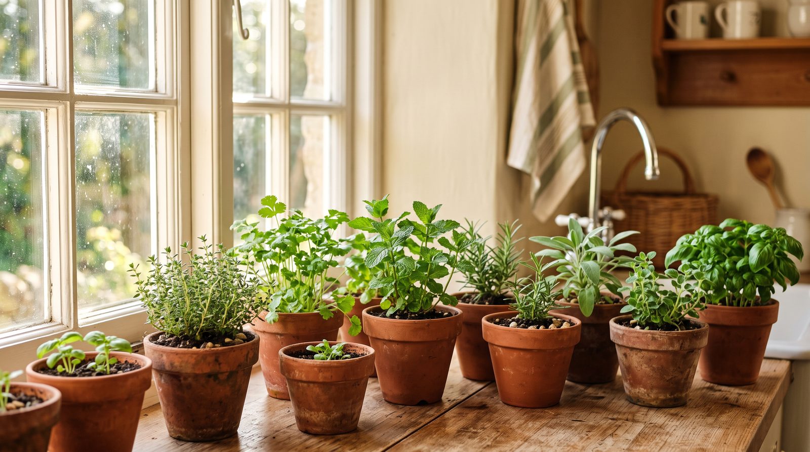 home herb garden with potted plants on a sunny windowsill