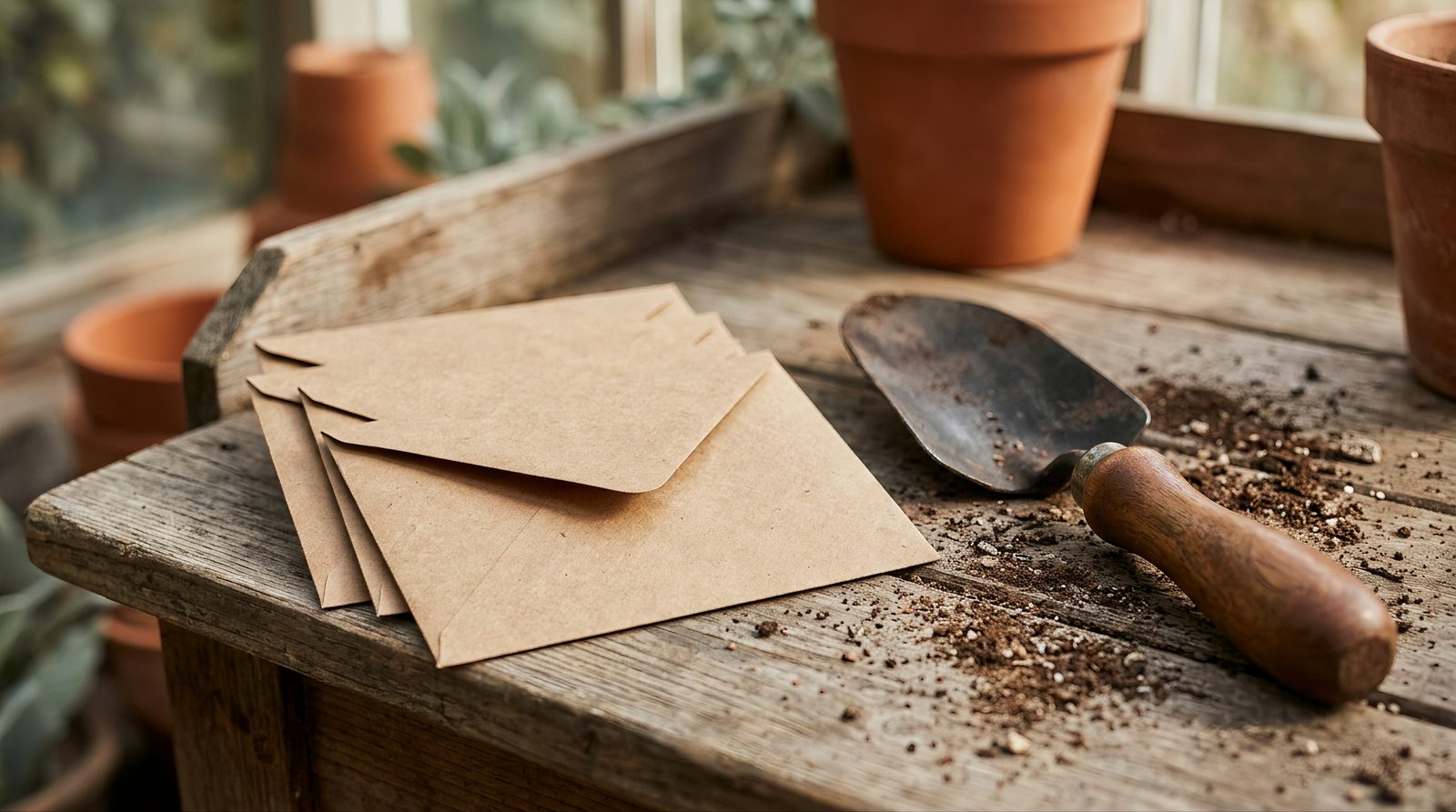 dried herb seed packets next to a small garden trowel