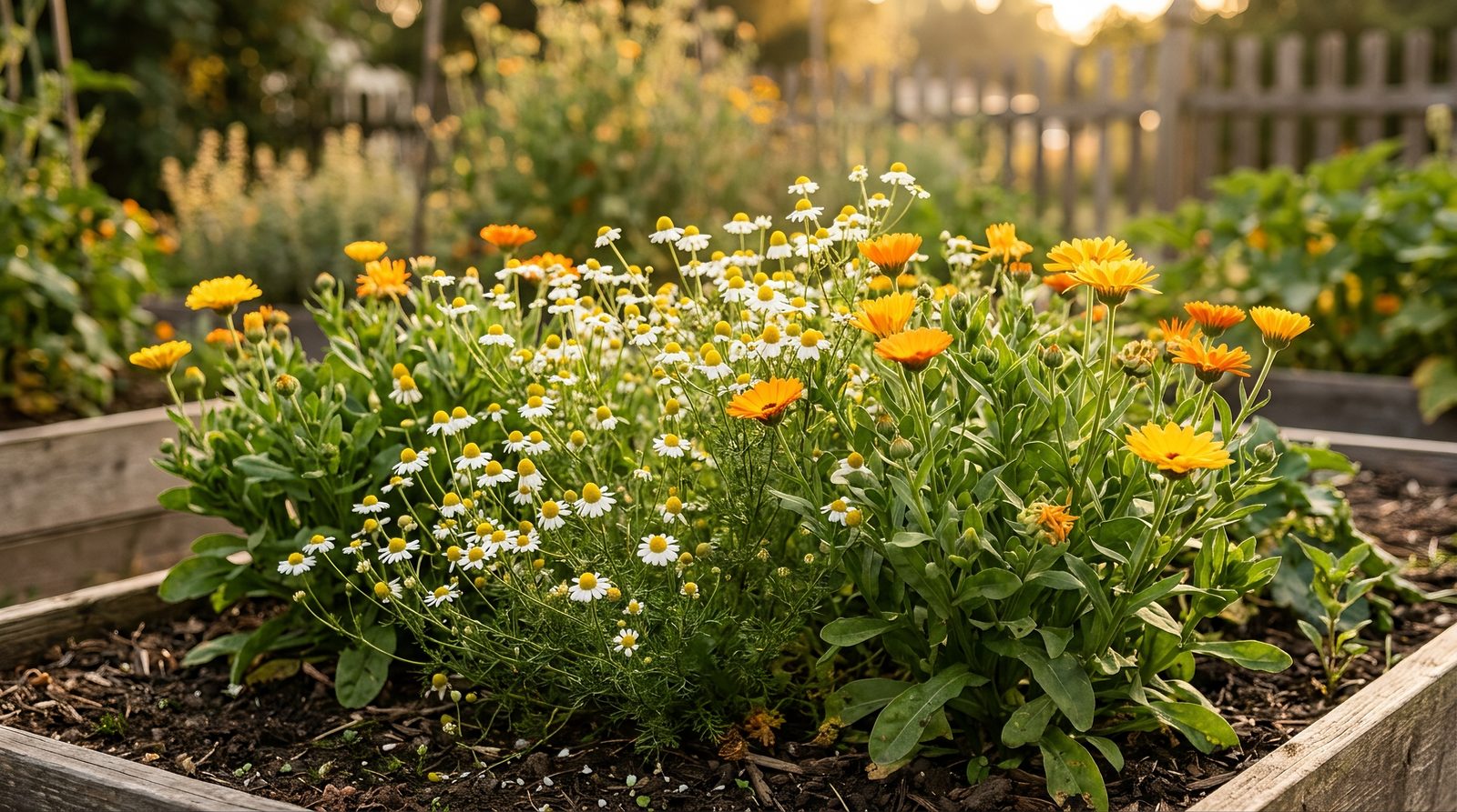 chamomile and calendula flowers blooming in a backyard garden bed