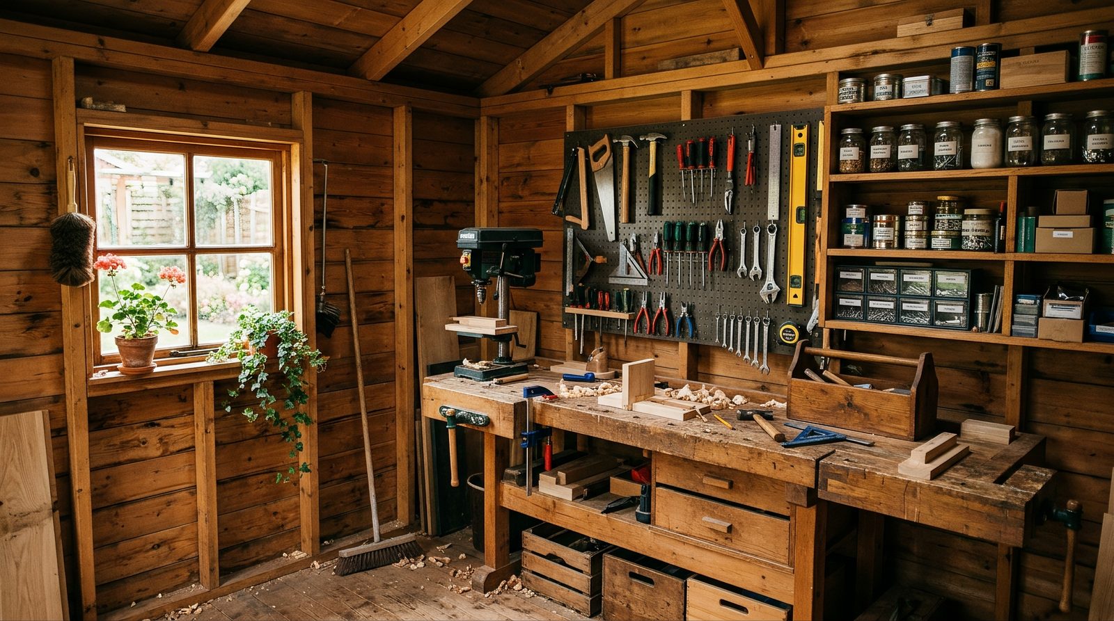 a finished backyard wooden shed in a suburban yard