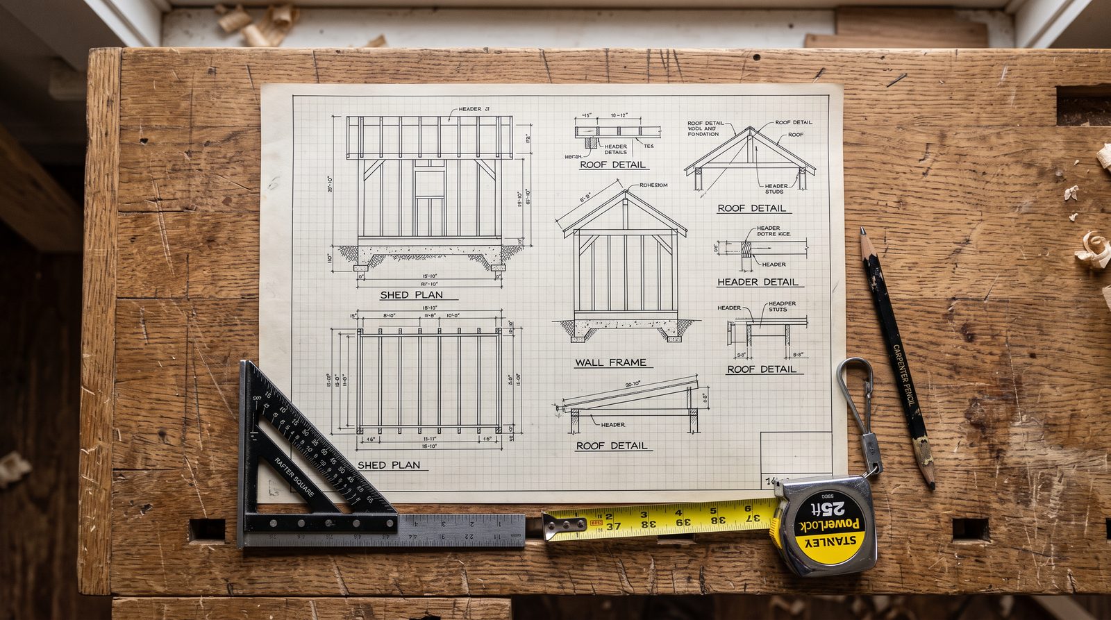 a shed blueprint or building plan spread out on a workbench with basic hand tools nearby