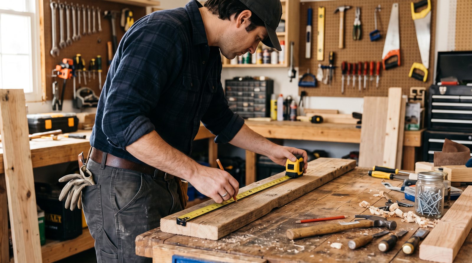 a person measuring wood boards in a garage workshop setting