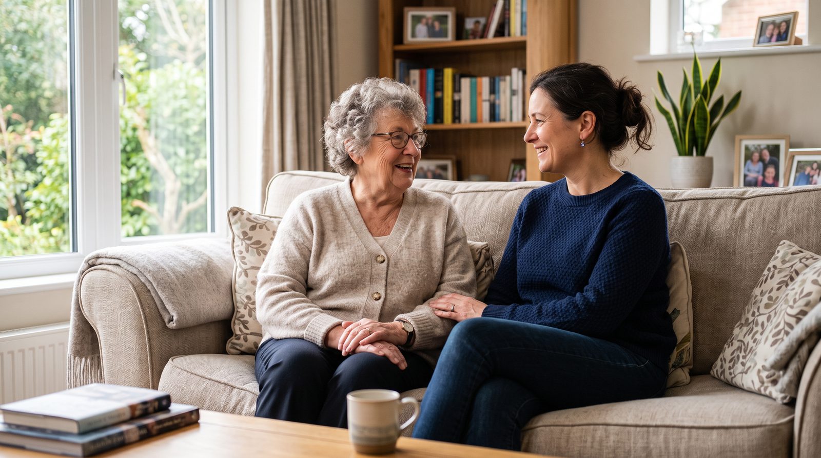 older adult and adult child talking together at home, calm supportive moment