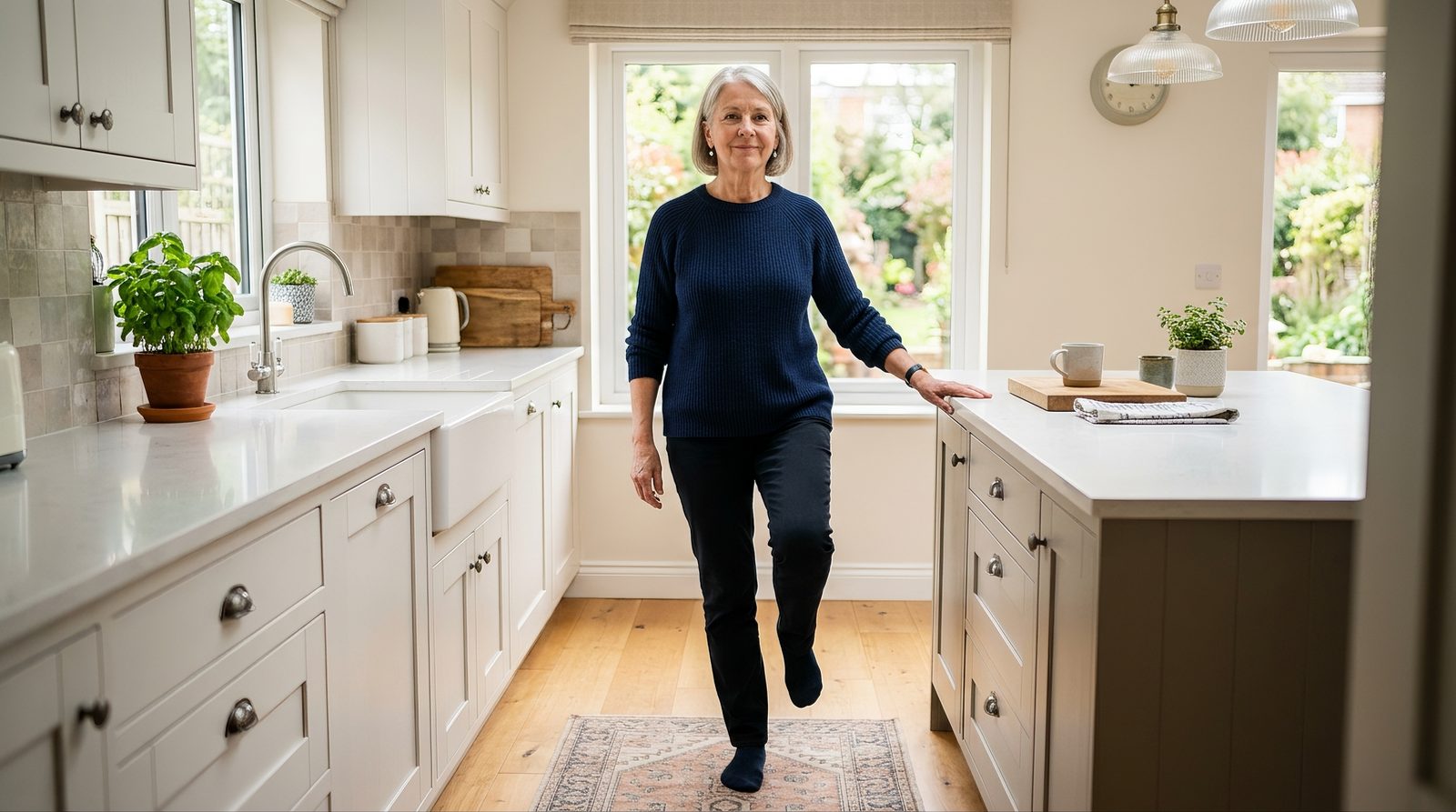 senior practicing simple standing balance exercise near a countertop at home