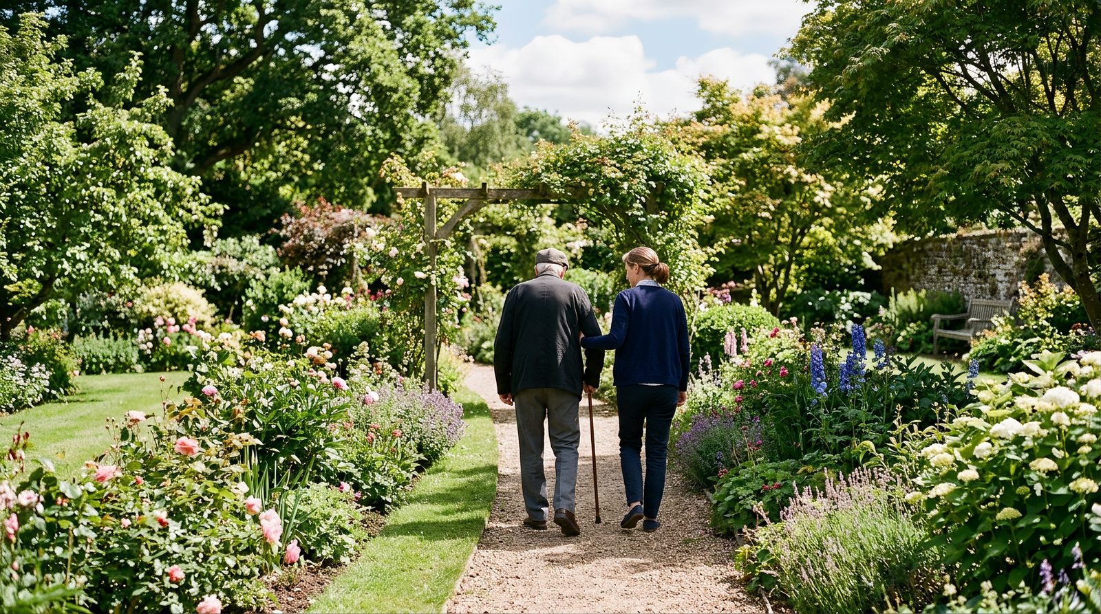 adult child helping older parent walk steadily on a garden path outdoors