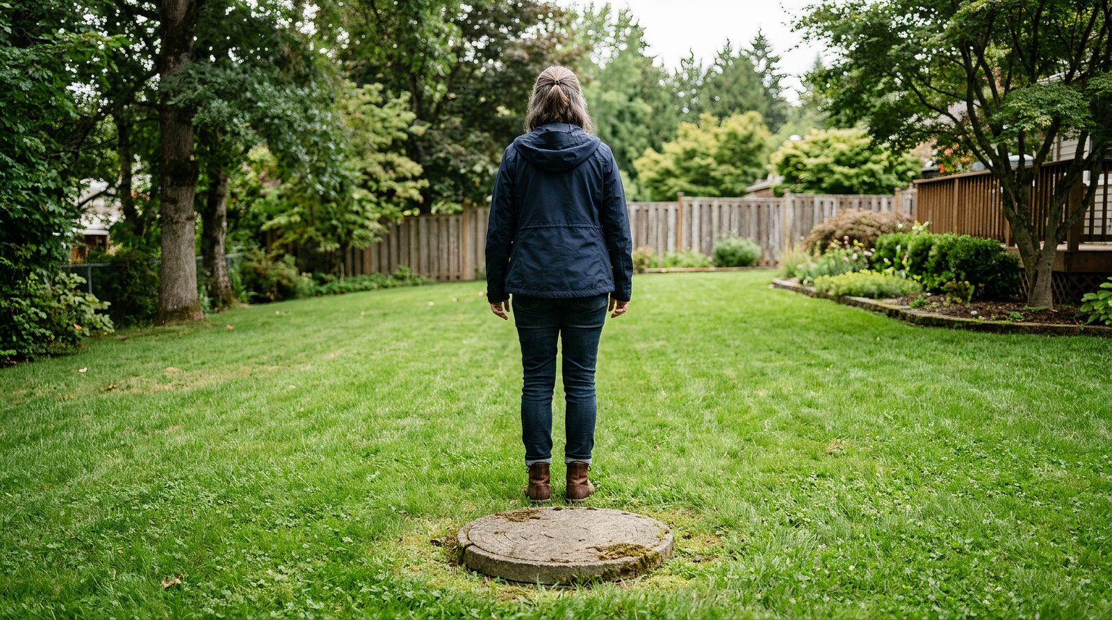 homeowner standing in backyard near a grassy septic tank lid area, looking concerned