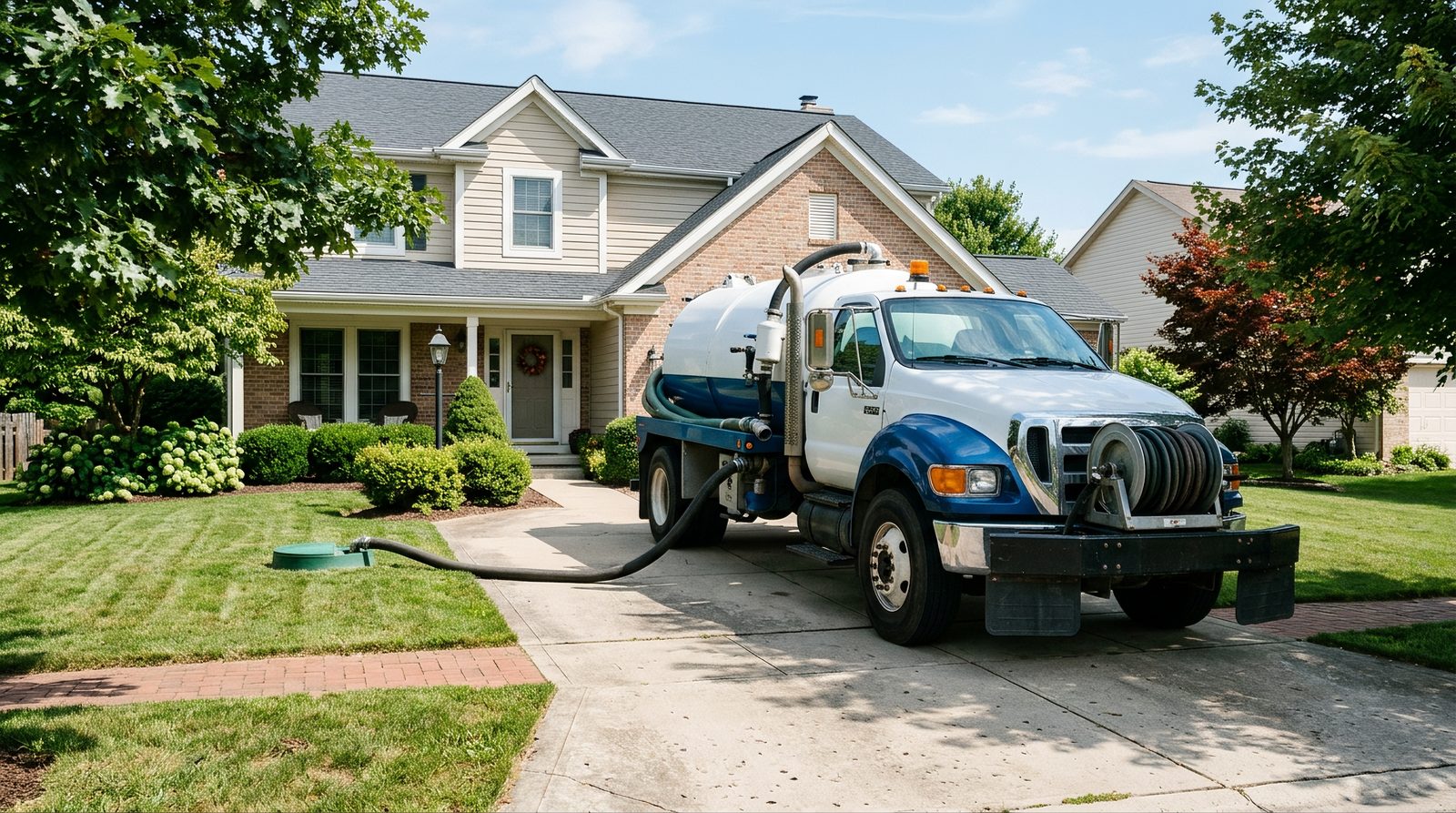 septic service truck parked in a residential driveway during a maintenance visit
