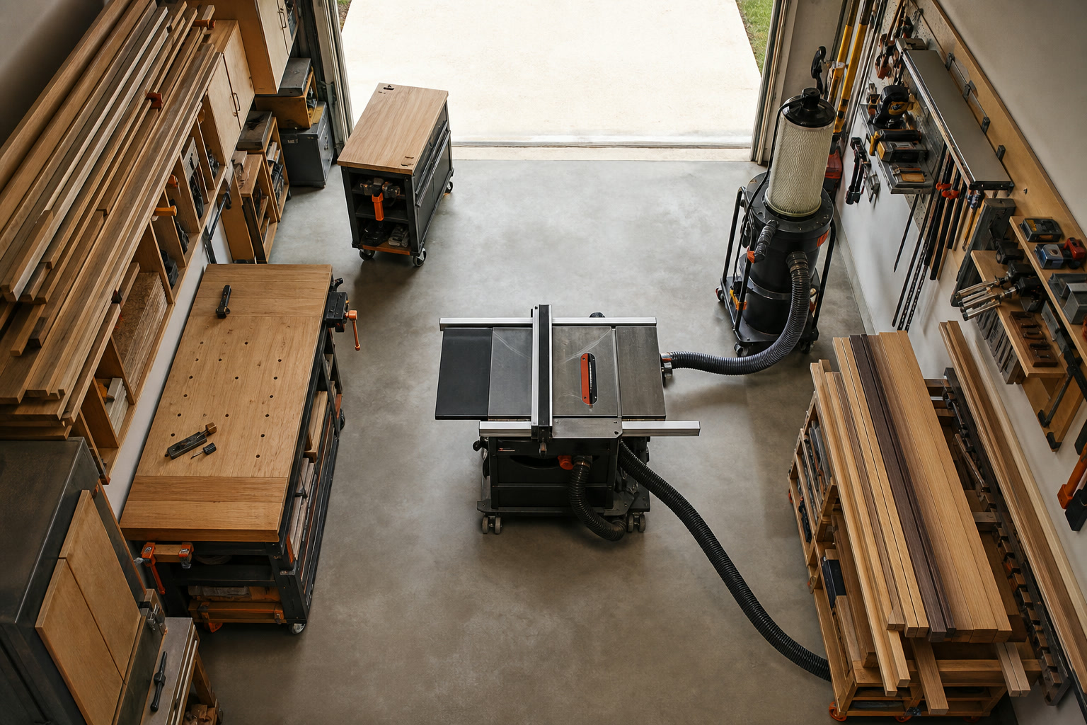 Overhead editorial view of a compact garage woodworking shop with a logical work triangle, mobile table saw, workbench, wall storage, and clear board-feed paths; no people, logos, or readable text
