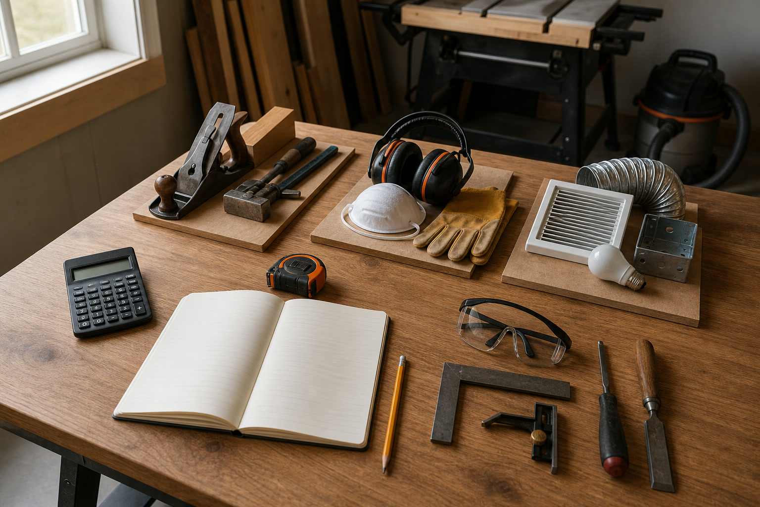 Clean editorial budget-planning scene for a small woodworking shop, with calculator, notebook, tape measure, used hand tools, and simple cost-category cards without readable text or currency promises; no people or logos