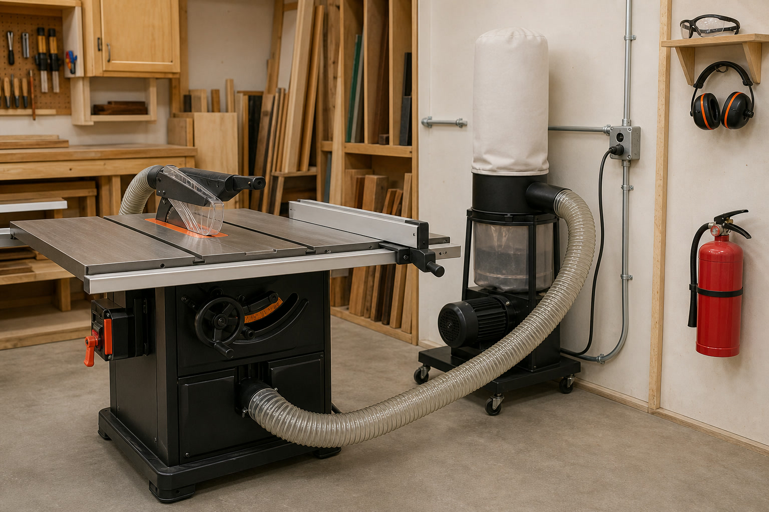 Realistic compact woodworking-shop safety setup showing source-capture dust hose at a table saw, grounded covered outlet, labeled breaker panel at a distance, fire extinguisher, eye and hearing protection, and clear floor; no people, logos, or readable text