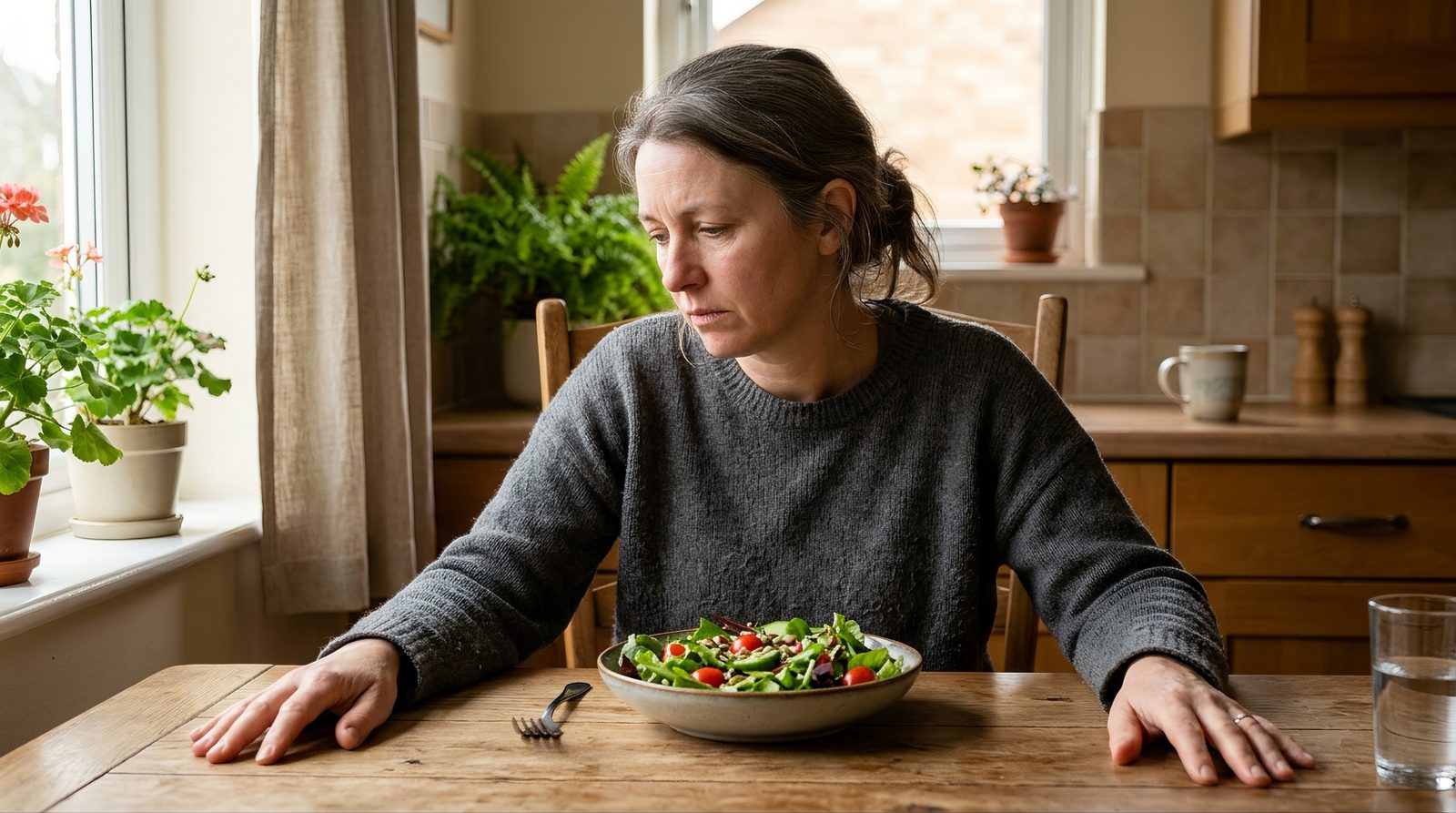 tired woman sitting at kitchen table with an untouched salad, looking frustrated, natural daylight, no text overlay