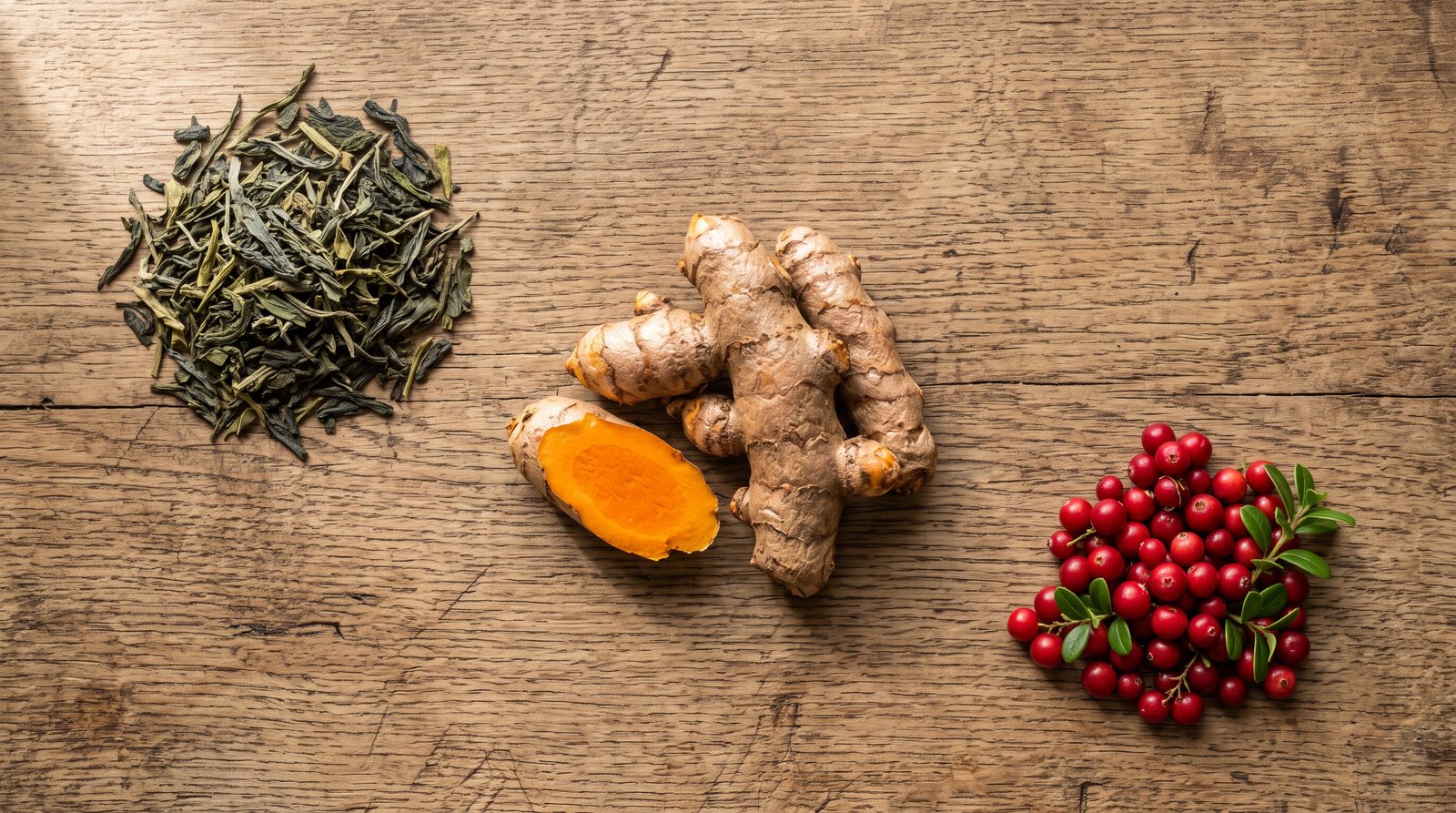 flat lay of turmeric root, fresh lingonberries, and loose green tea leaves on a wooden table, natural lighting, no supplement bottles or capsules visible