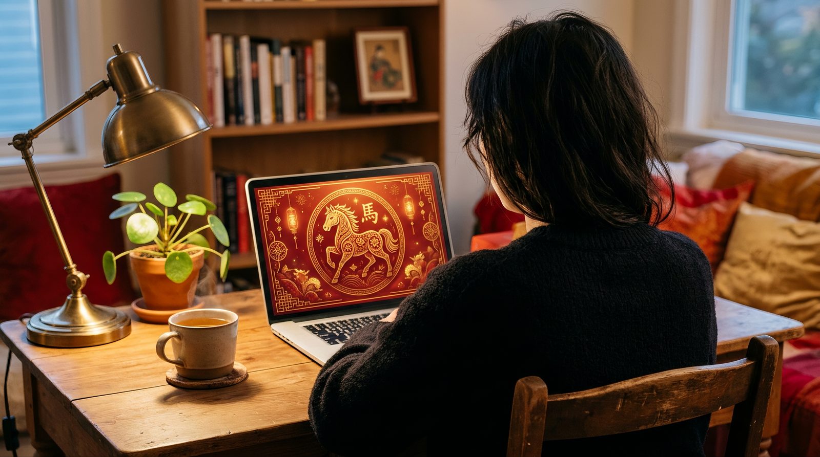 Person reviewing a digital astrology report on a laptop with a Chinese zodiac horse illustration nearby