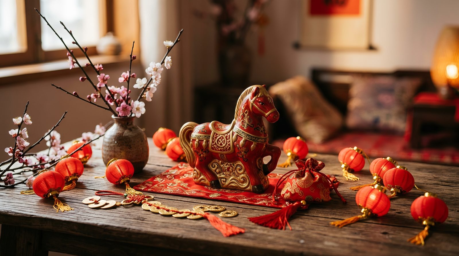 Traditional Chinese New Year decorations with a red horse figurine symbolizing the Year of the Horse zodiac cycle