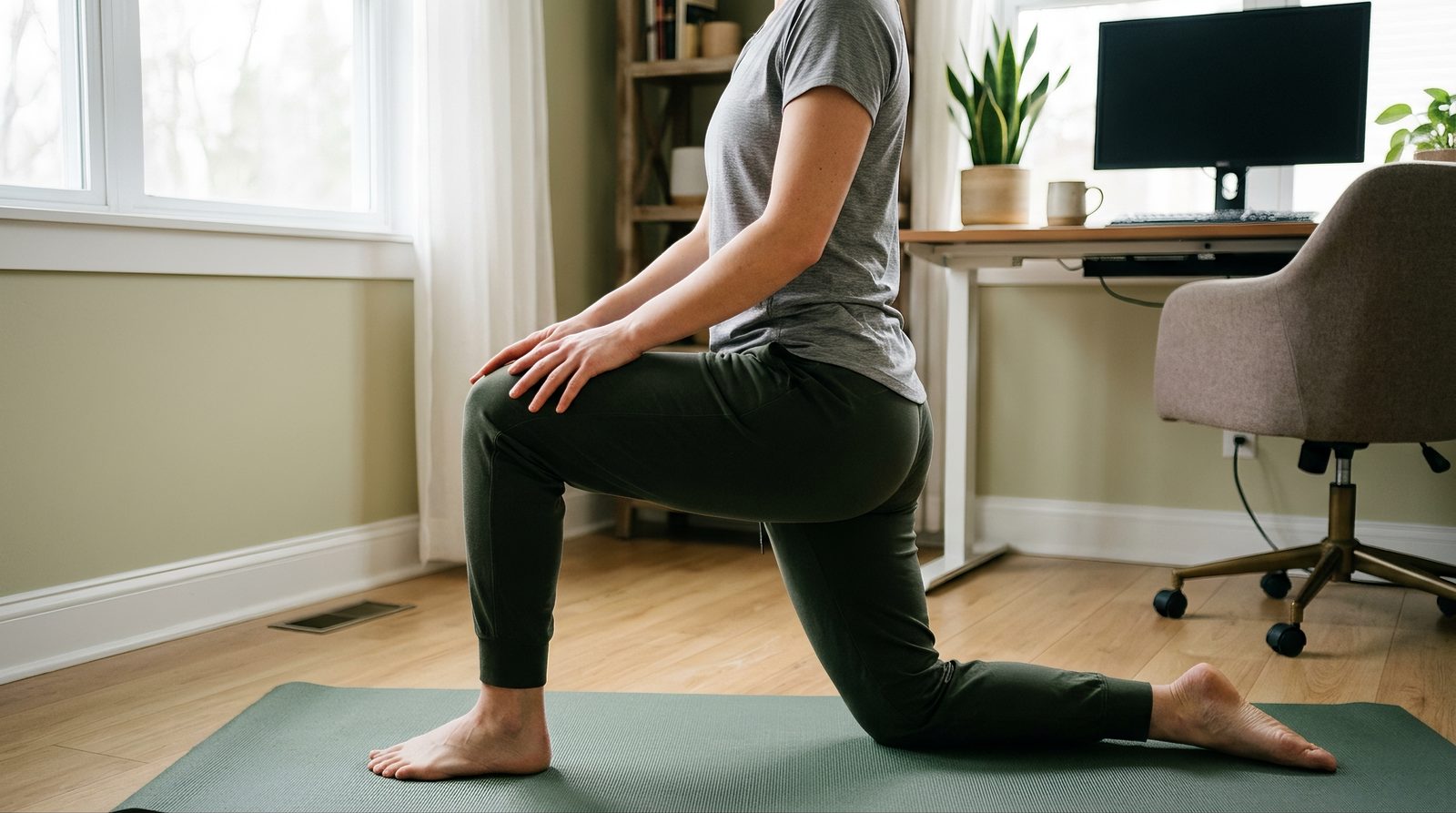 person doing a kneeling hip flexor stretch at a home office desk