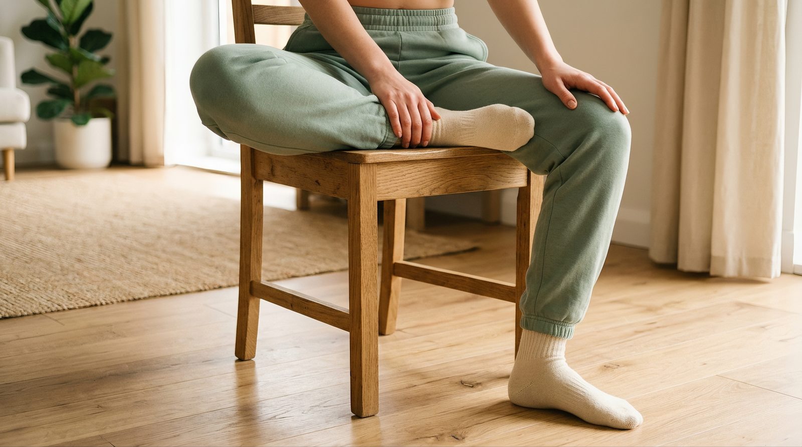 seated figure 4 hip stretch on a chair, right ankle crossed over the left knee forming a number 4