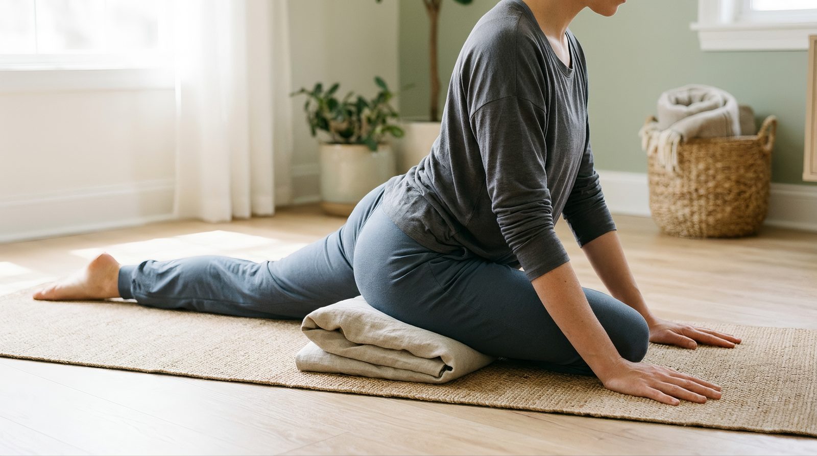 modified pigeon pose using a cushion under the hip
